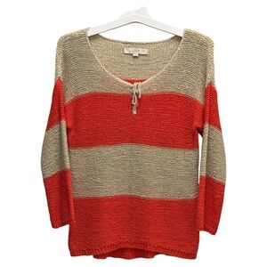 LOFT Red and Tan V-Neck Sweater with Stripes
